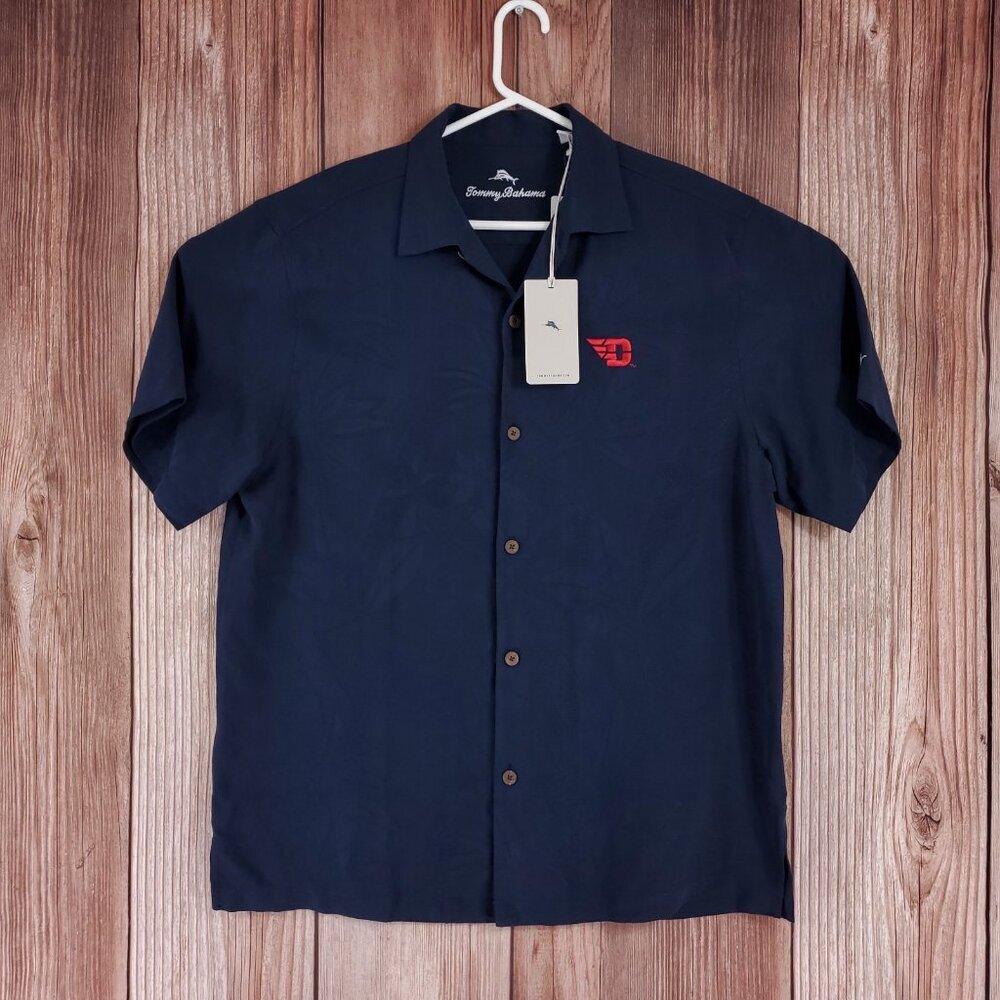 NWT Tommy Bahama Dayton Flyers Mens Large Silk Floral Hawaiian Shirt Navy Blue